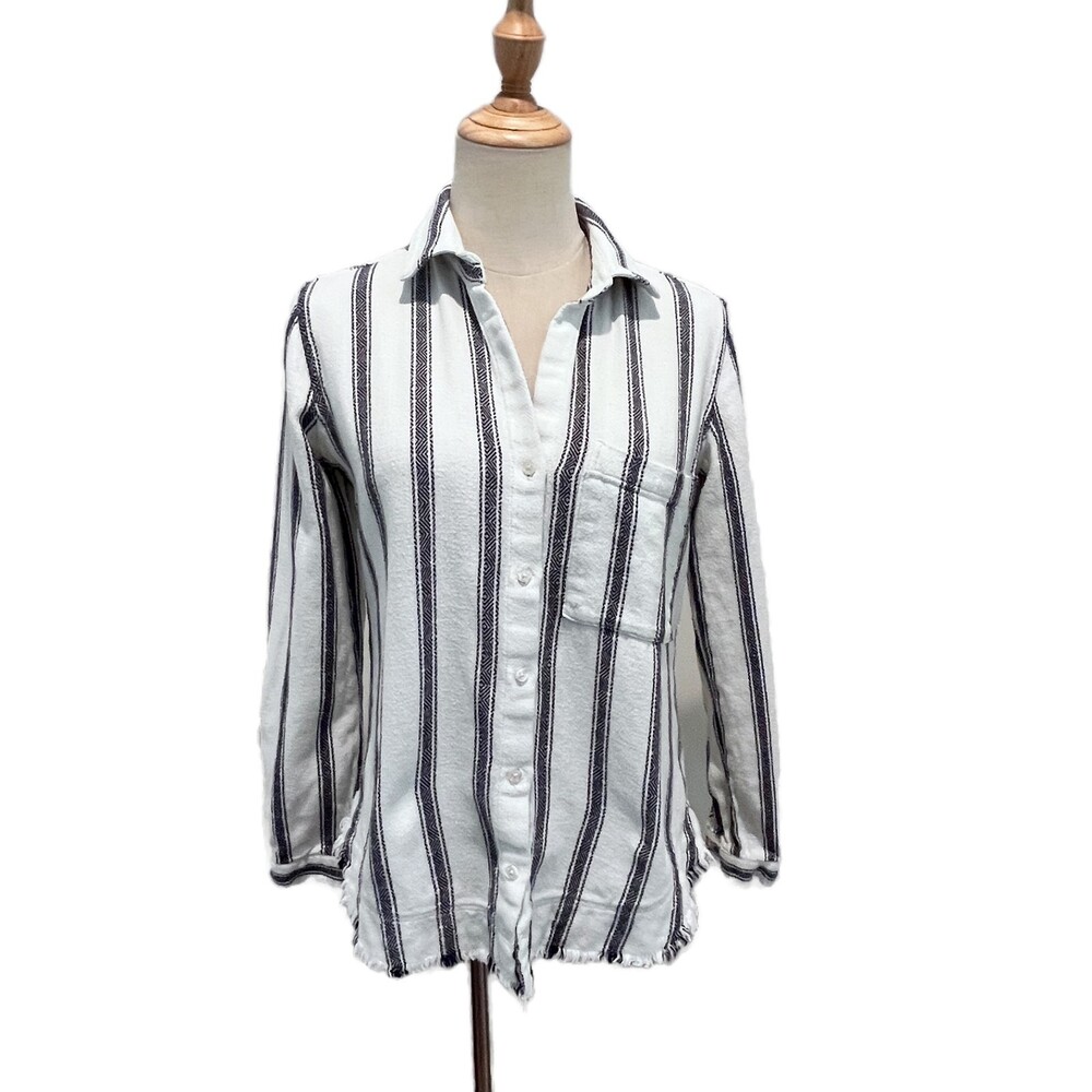 Cloth & Stone Anthropologie Striped Button Front Shirt XS Raw Hem Navy White